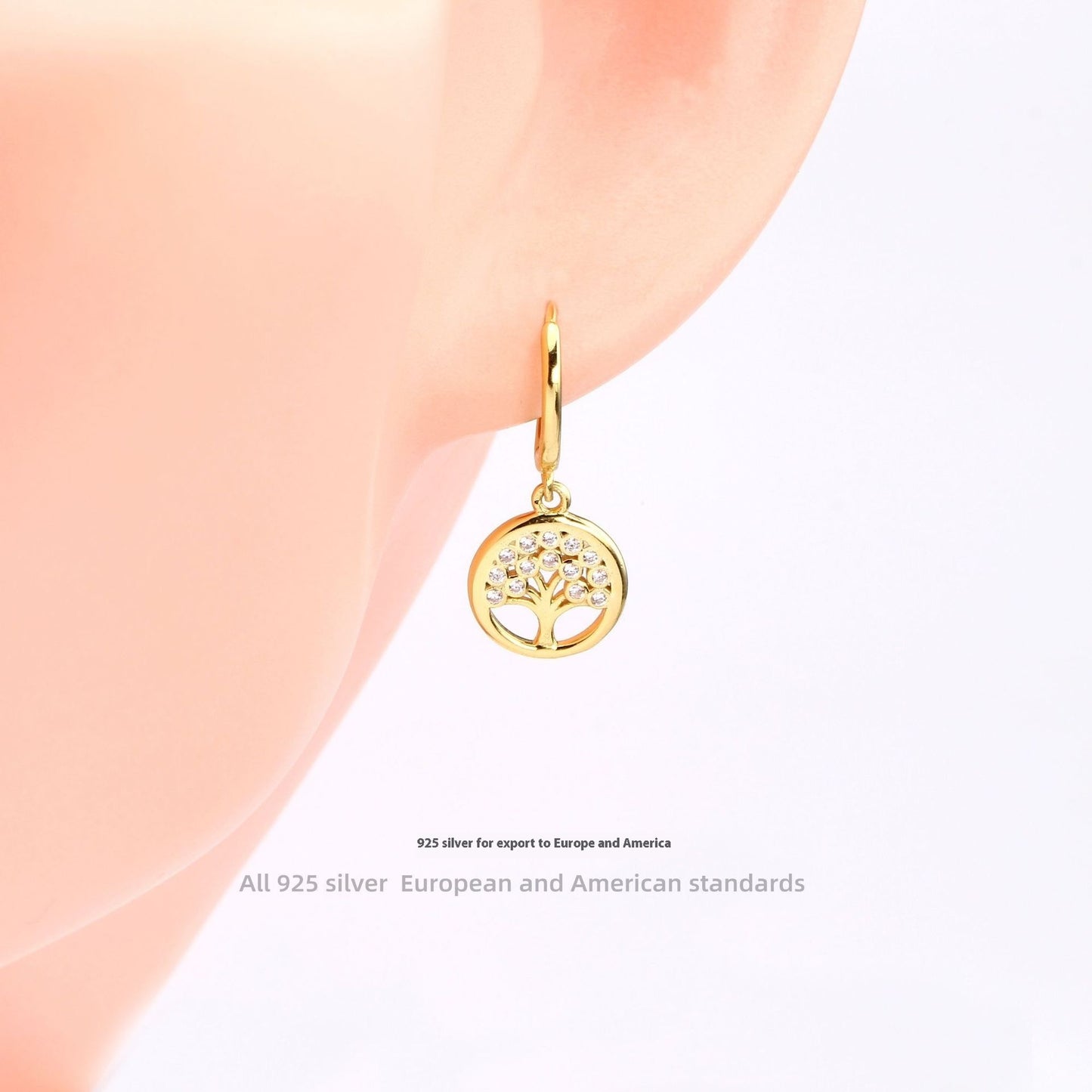 S925 Sterling Sølv Indlagt Zircon Lucky Tree Øreringe Højkvalitets guldbelagte øreclips