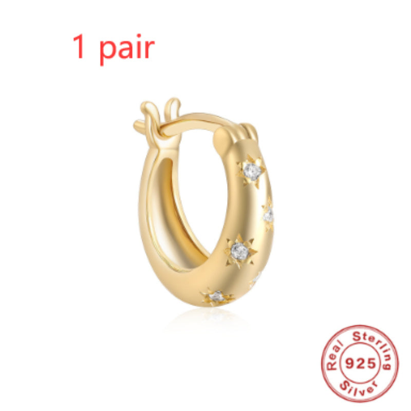 S925 Sterling Sølv Diamond Femtakket Star Earring